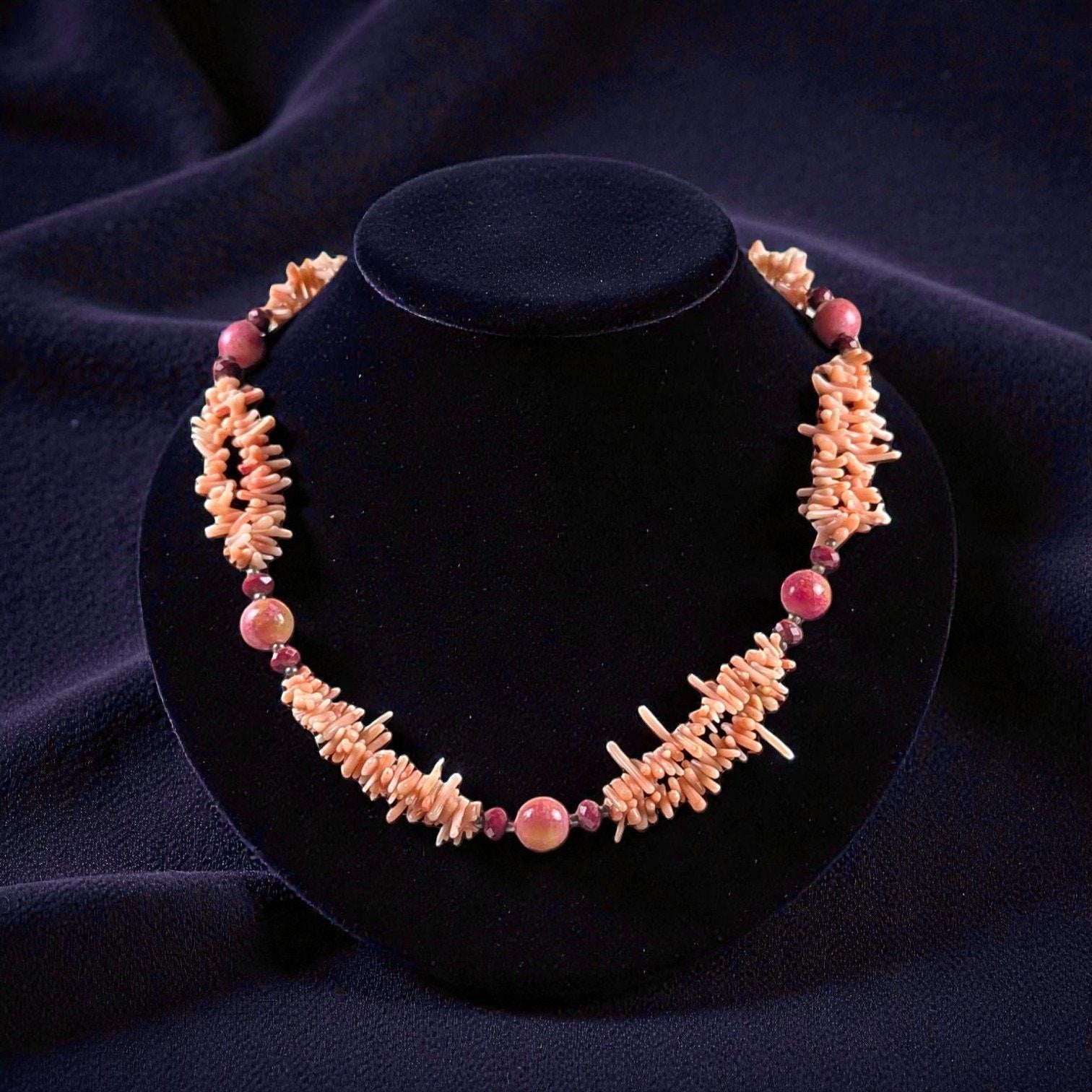 Vintage Coral Branch Necklace with Garnet and Dyed Chalcedony Beads