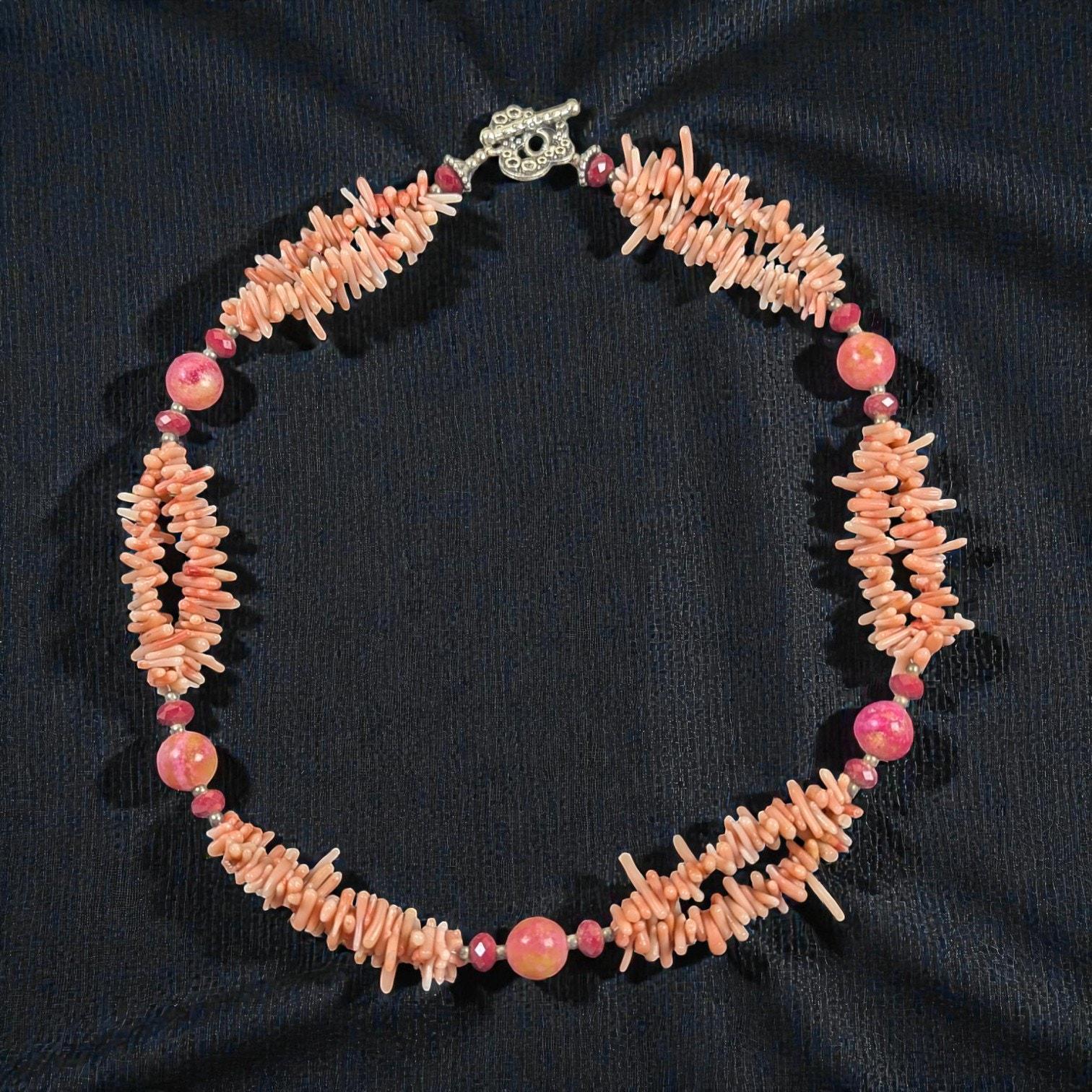 Vintage Coral Branch Necklace with Garnet and Dyed Chalcedony Beads