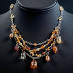 Vintage Sterling Silver Bib Necklace with Baltic Amber, Pearls & Citrine Quartz