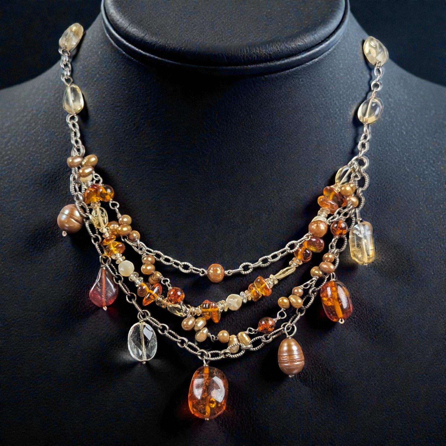 Vintage Sterling Silver Bib Necklace with Baltic Amber, Pearls & Citrine Quartz
