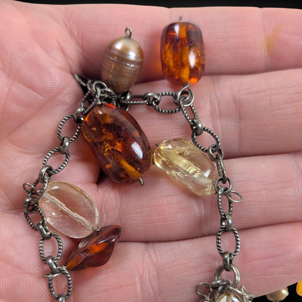 Vintage Sterling Silver Bib Necklace with Baltic Amber, Pearls & Citrine Quartz