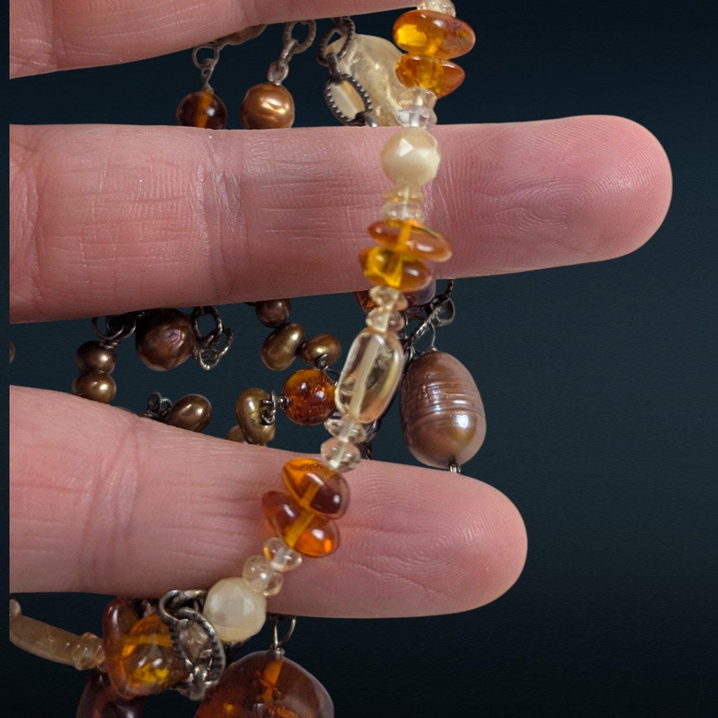 Vintage Sterling Silver Bib Necklace with Baltic Amber, Pearls & Citrine Quartz