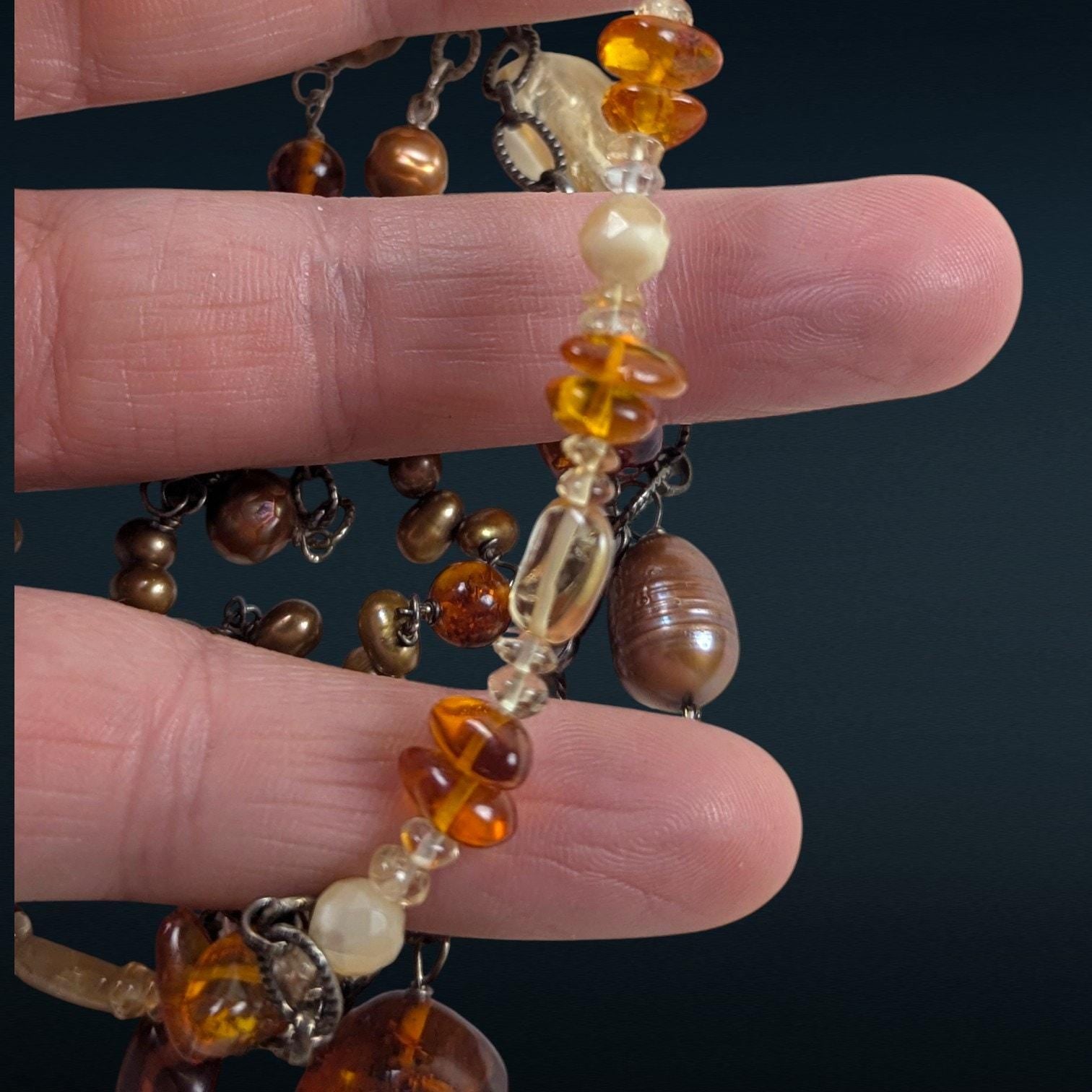 Vintage Sterling Silver Bib Necklace with Baltic Amber, Pearls & Citrine Quartz