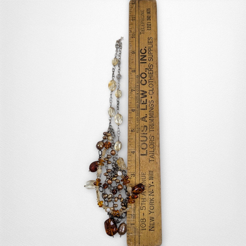 Vintage Sterling Silver Bib Necklace with Baltic Amber, Pearls & Citrine Quartz