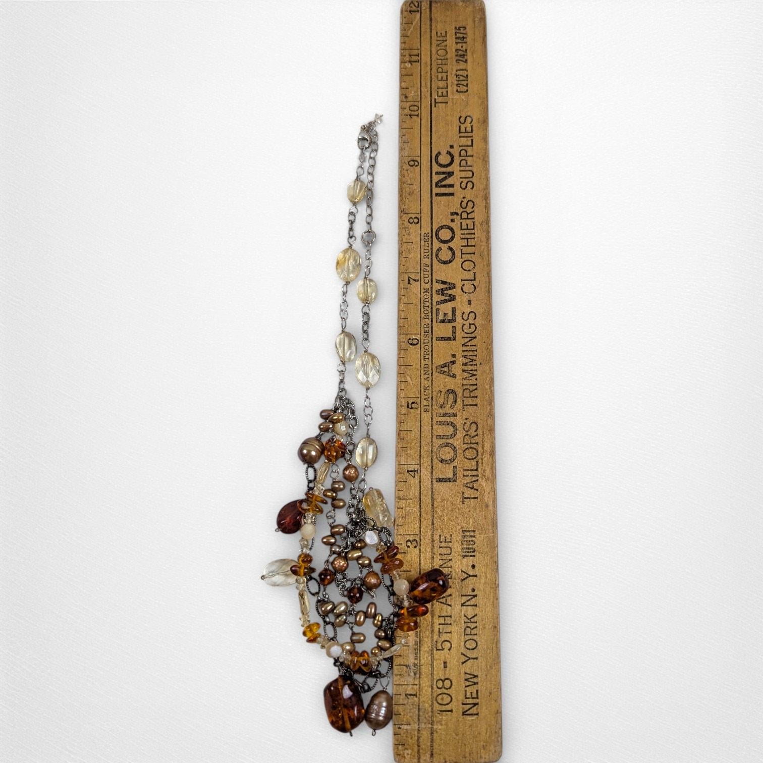 Vintage Sterling Silver Bib Necklace with Baltic Amber, Pearls & Citrine Quartz