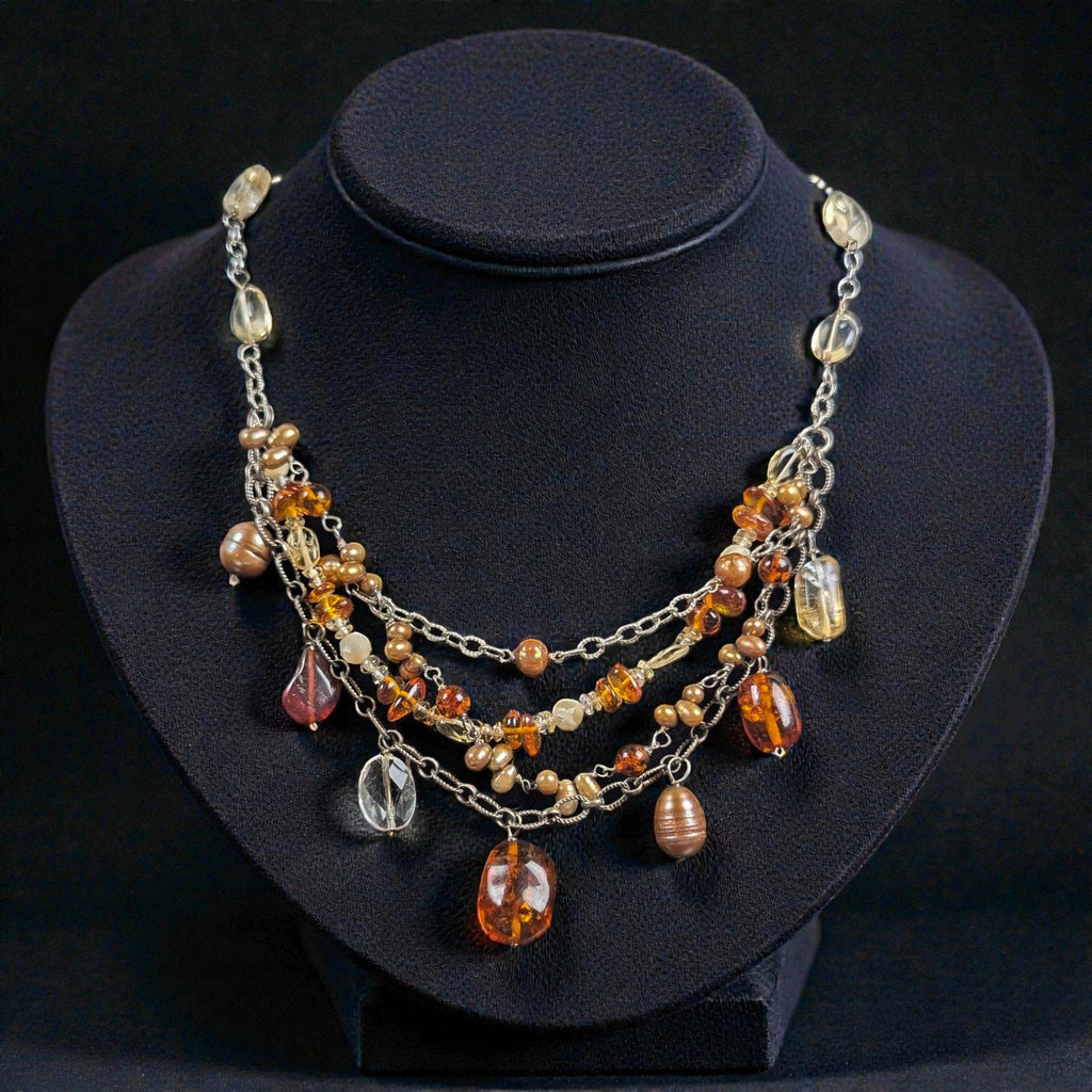 Vintage Sterling Silver Bib Necklace with Baltic Amber, Pearls & Citrine Quartz