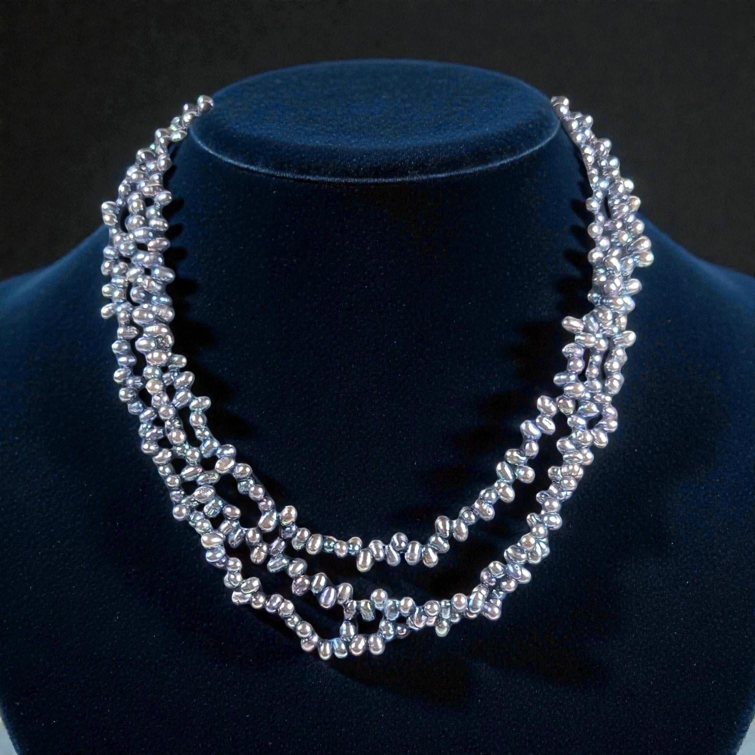 Carolee 3 Strand Peacock Freshwater Pearl Choker Necklace Sterling Silver 16"