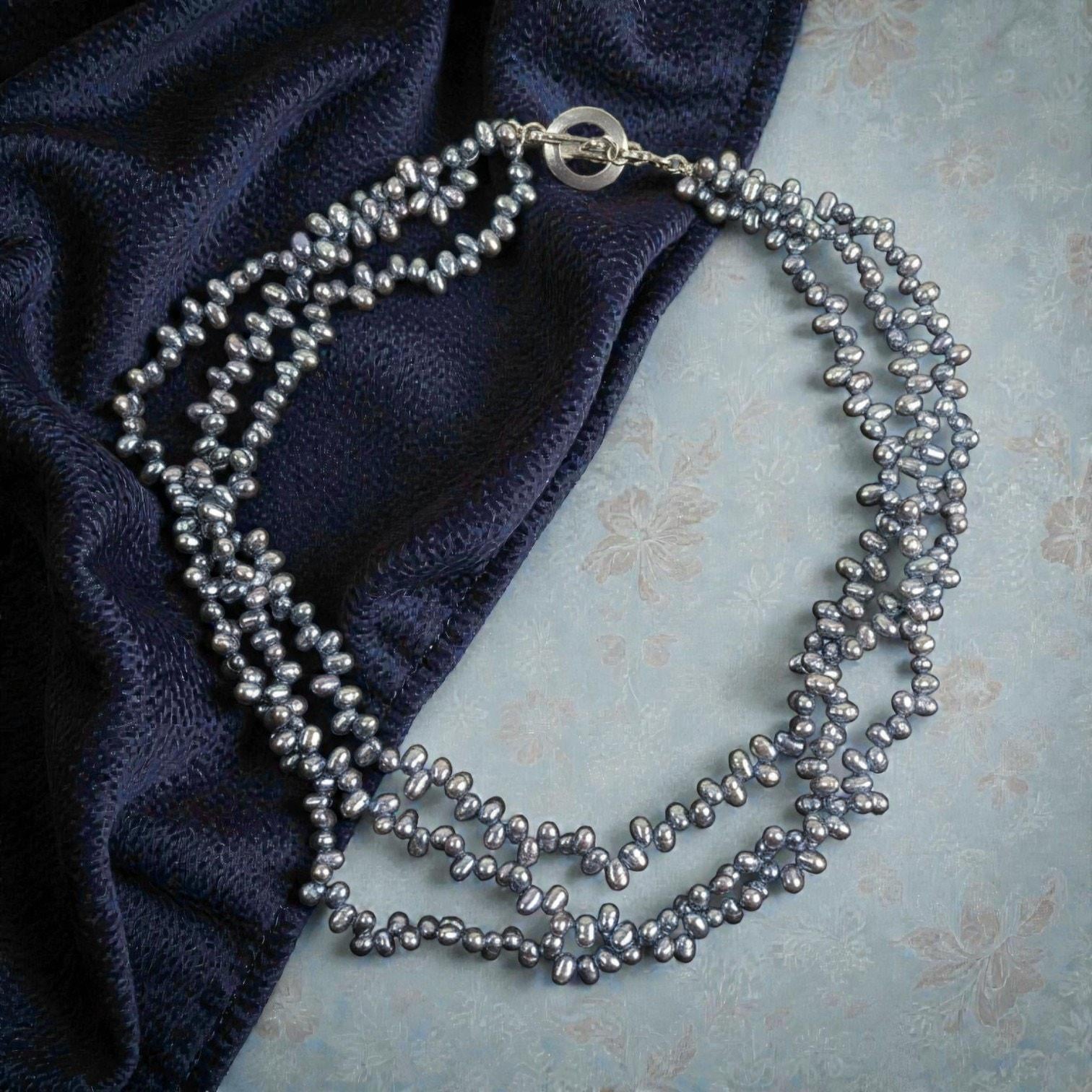 Carolee 3 Strand Peacock Freshwater Pearl Choker Necklace Sterling Silver 16"