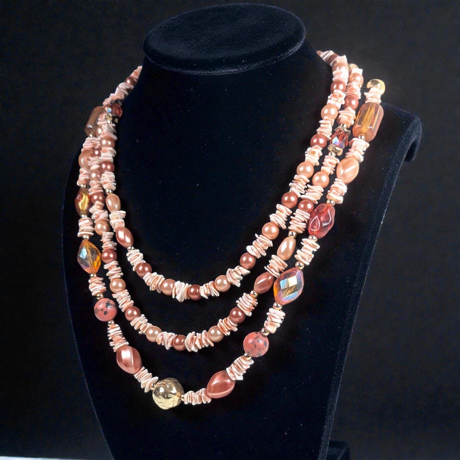 Vintage 60 Inch Dyed Shell Bead Necklace Peach Pink Tones
