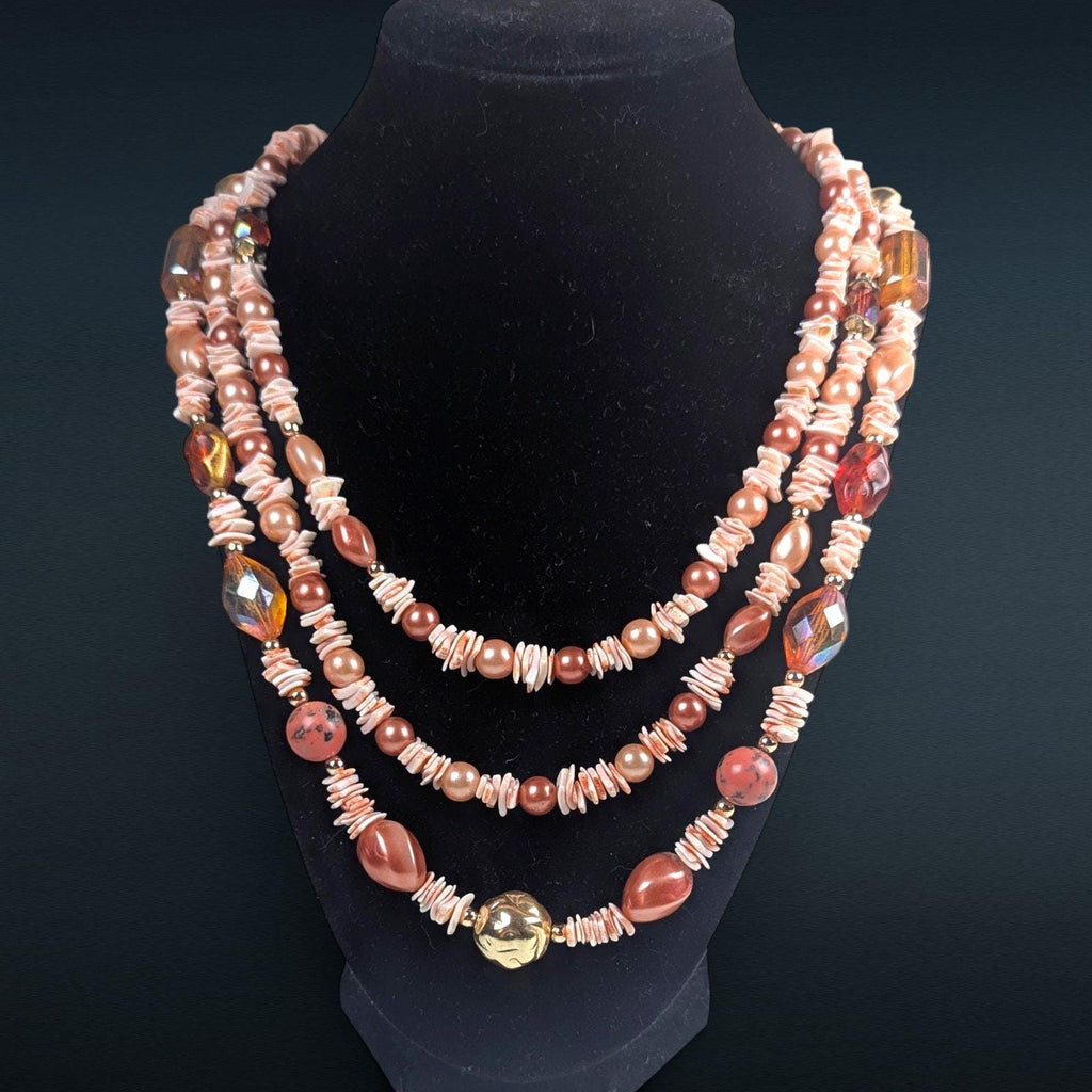 Vintage 60 Inch Dyed Shell Bead Necklace Peach Pink Tones