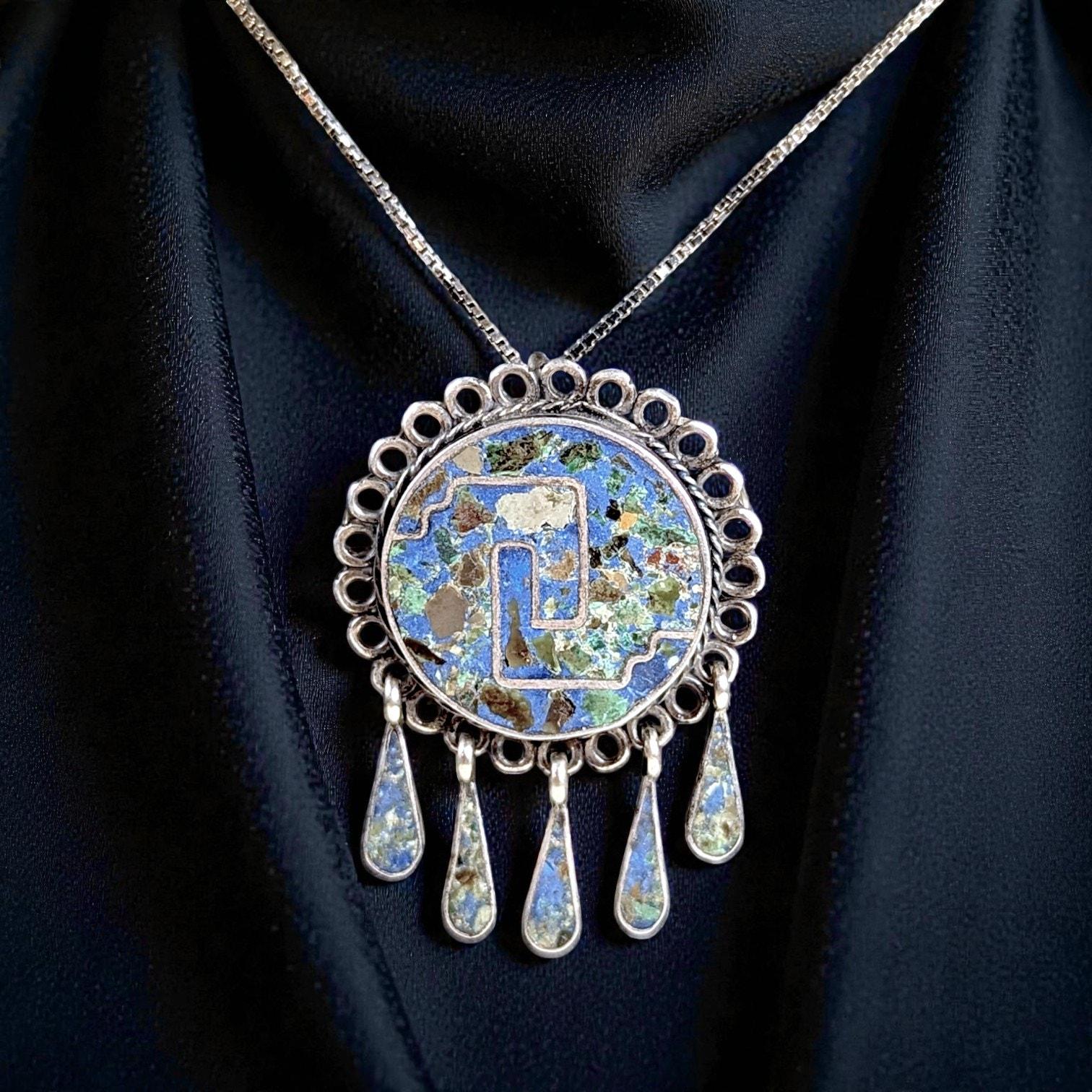 Vintage Mexican Sterling Silver Crushed Turquoise Pendant Necklace