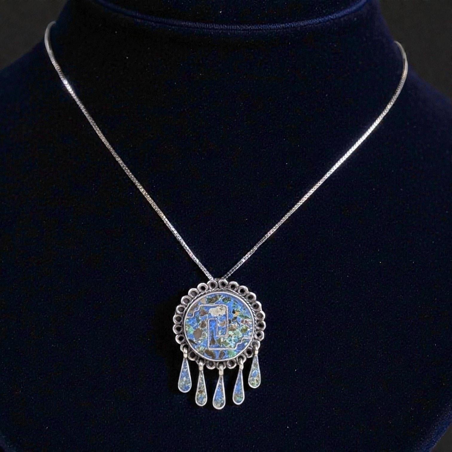 Vintage Mexican Sterling Silver Crushed Turquoise Pendant Necklace