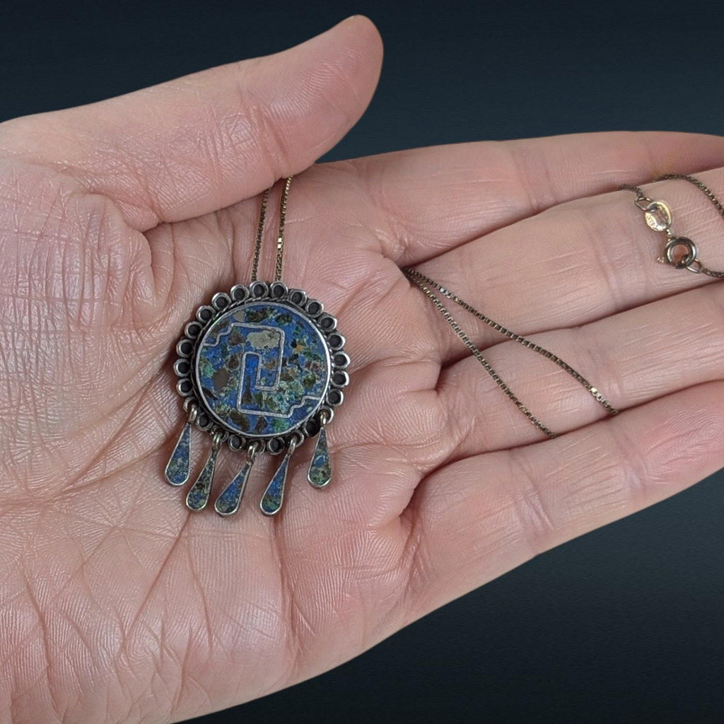 Vintage Mexican Sterling Silver Crushed Turquoise Pendant Necklace