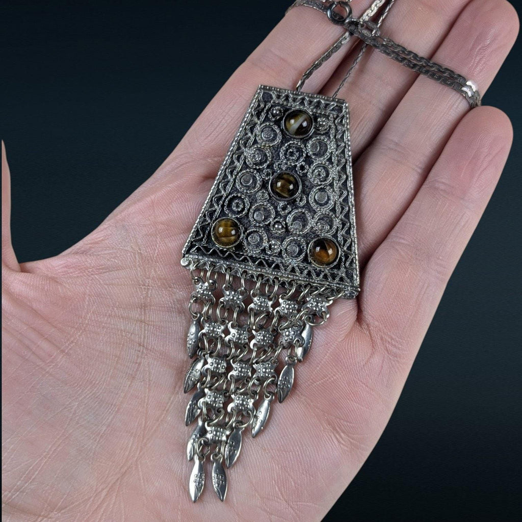 Vintage Israeli Sterling Silver & Tiger's Eye Pendant Brooch on Italian Chain