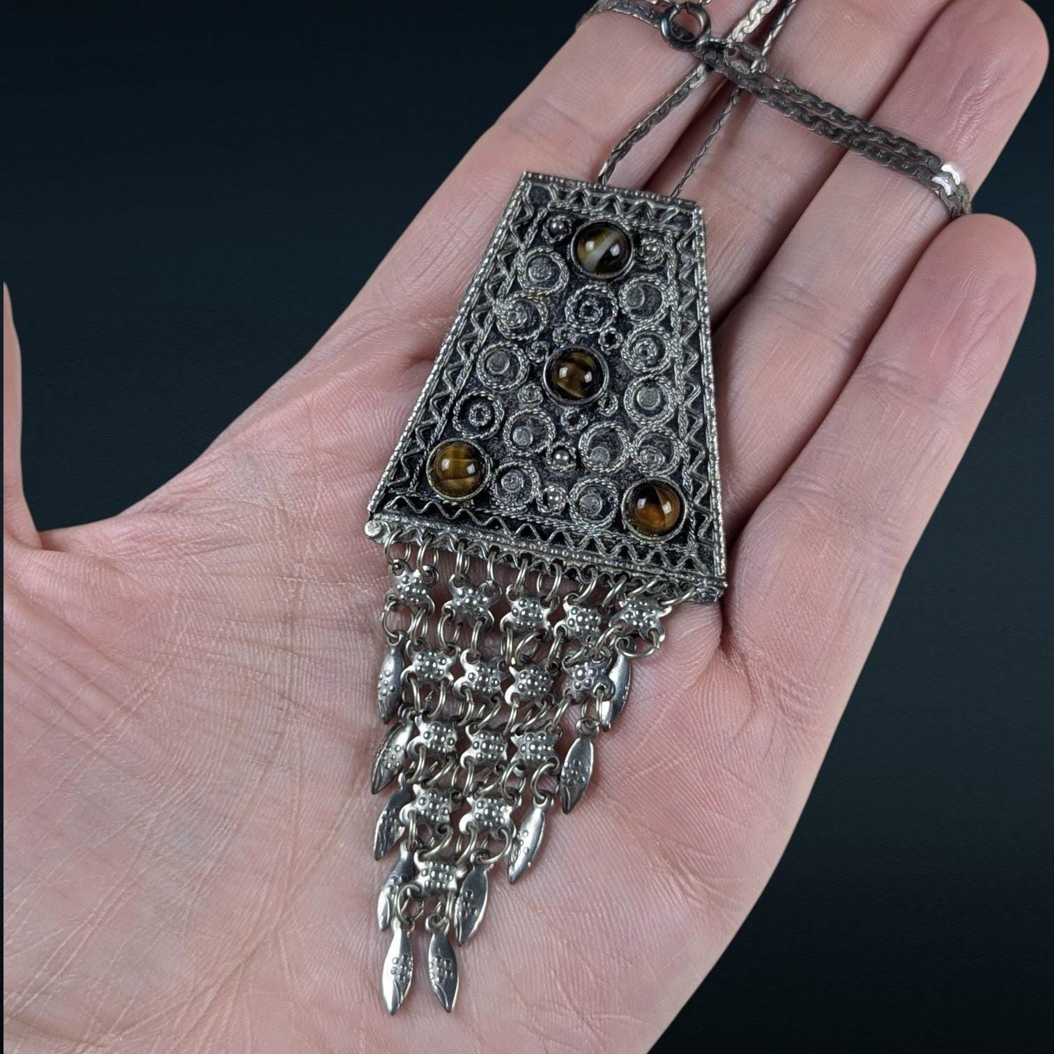 Vintage Israeli Sterling Silver & Tiger's Eye Pendant Brooch on Italian Chain