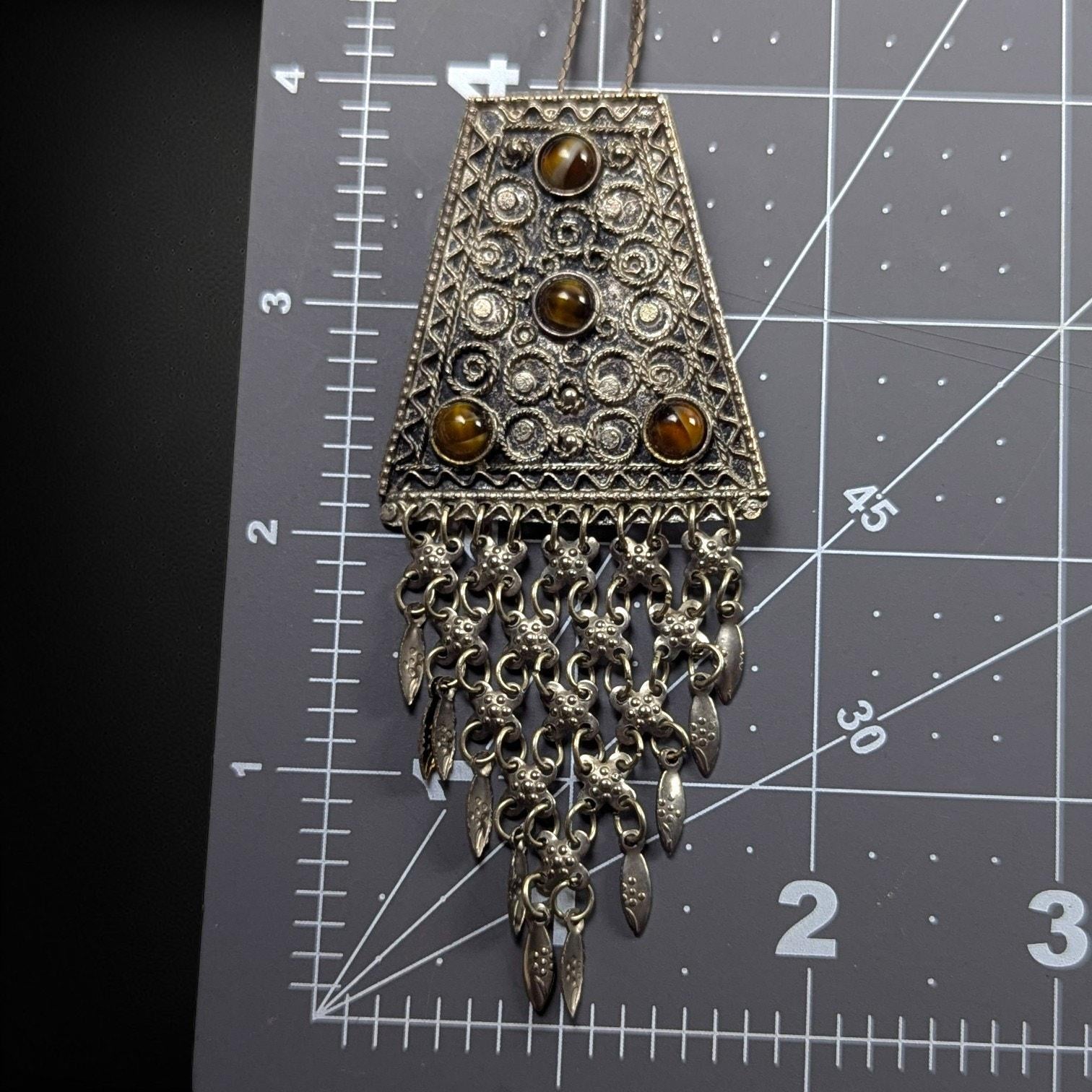 Vintage Israeli Sterling Silver & Tiger's Eye Pendant Brooch on Italian Chain