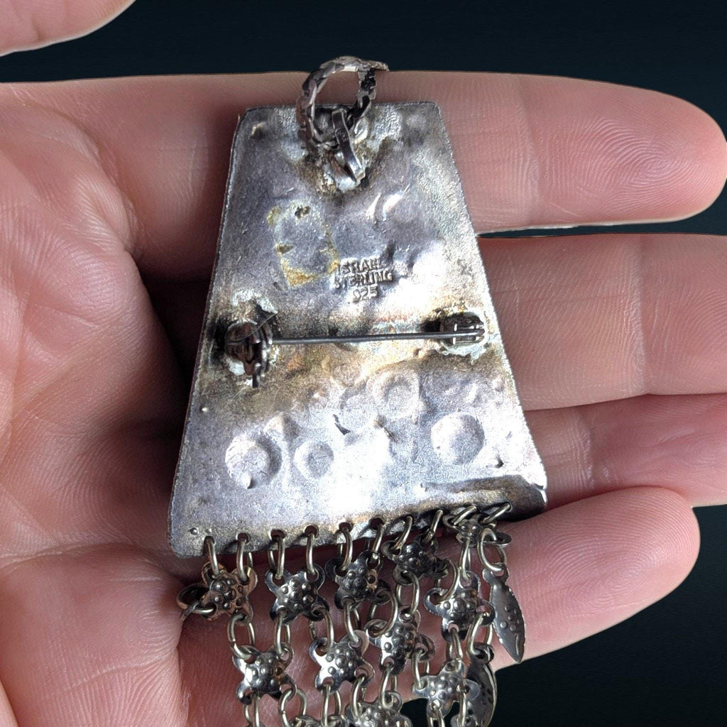 Vintage Israeli Sterling Silver & Tiger's Eye Pendant Brooch on Italian Chain