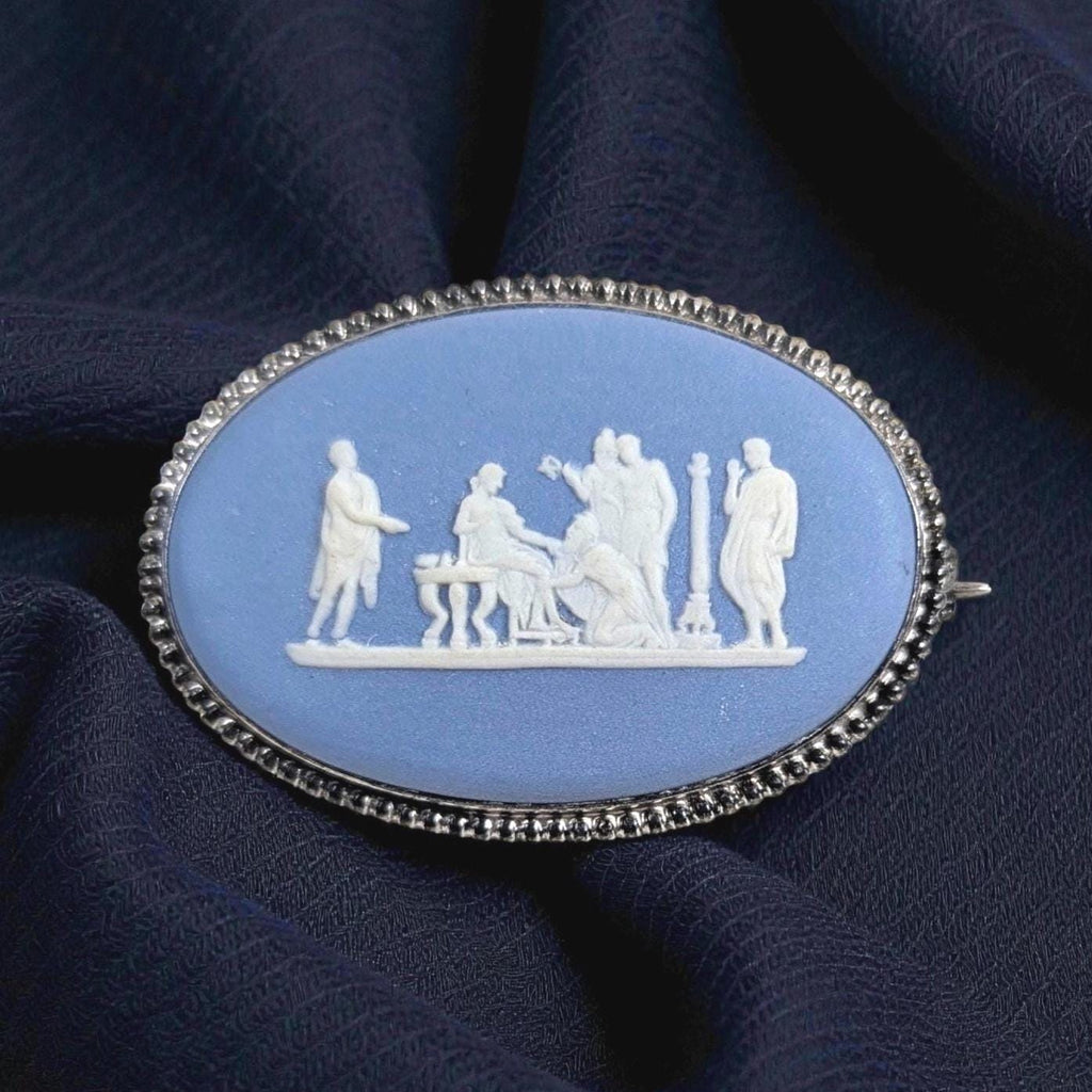 Sterling Silver Wedgwood Blue Jasperware Cameo Brooch, Dated 1969