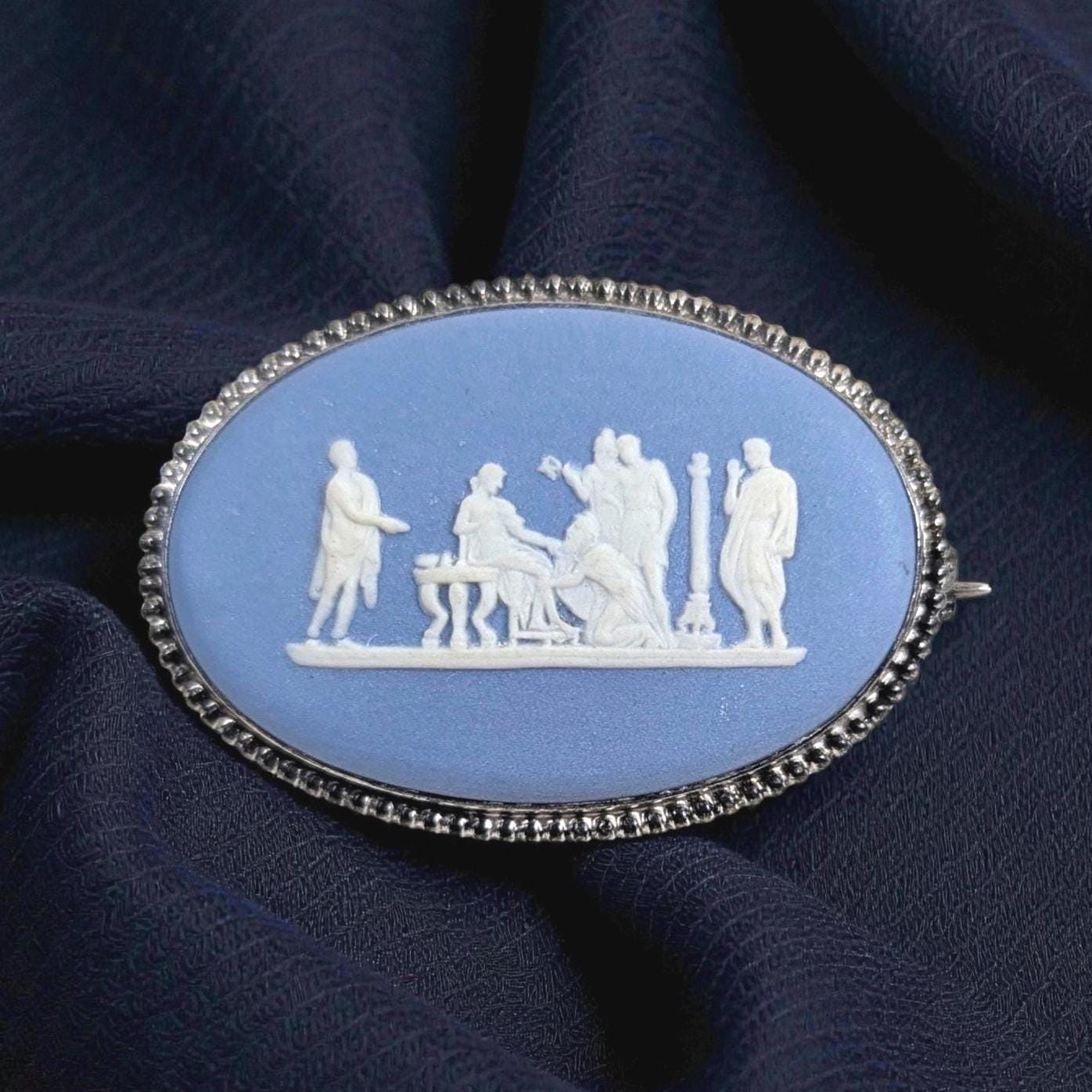 Sterling Silver Wedgwood Blue Jasperware Cameo Brooch, Dated 1969