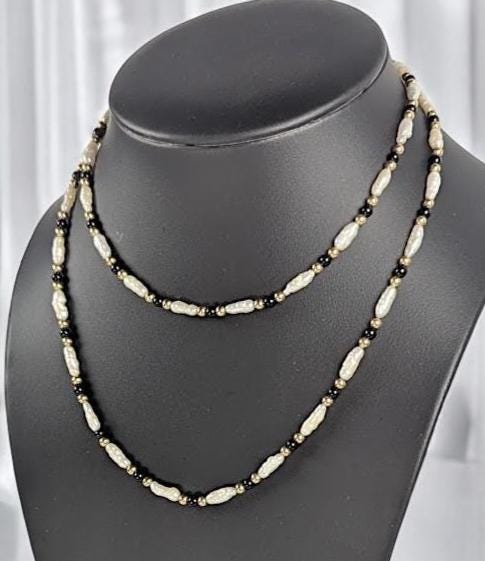 Vintage 30" Pearl, Onyx & 14K Gold Bead Necklace – Elegant Long Strand Jewelry