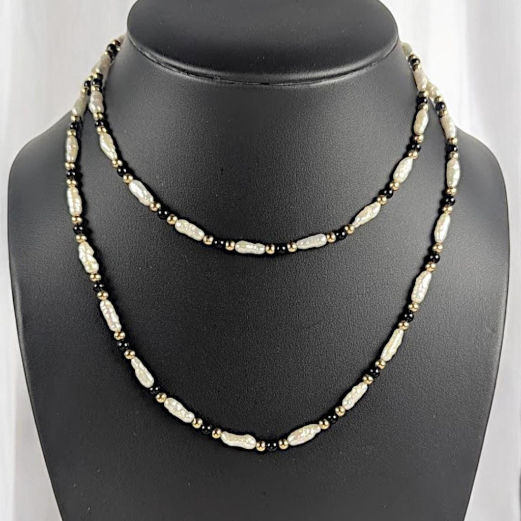 Vintage 30" Pearl, Onyx & 14K Gold Bead Necklace – Elegant Long Strand Jewelry