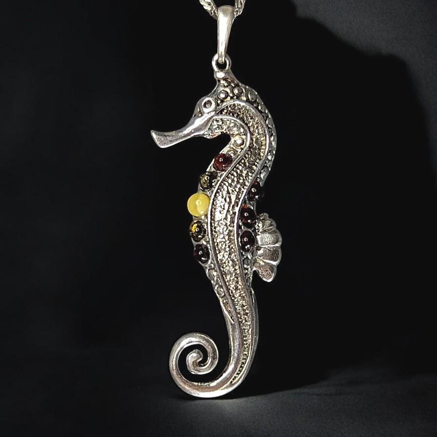 Sterling Silver Seahorse Pendant with Multicolored Amber Accents, 20" 925 Singapore Chain