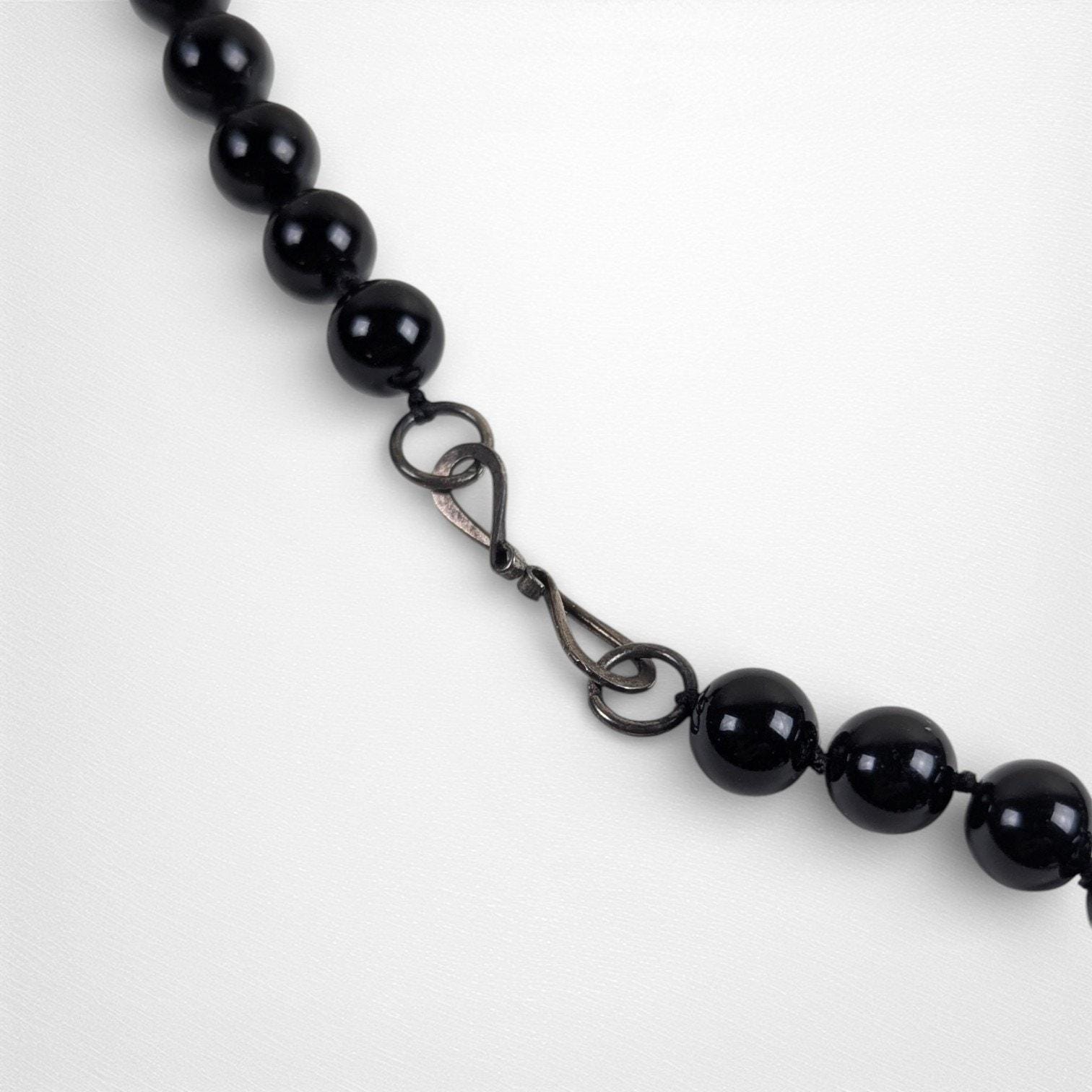Vintage Onyx & Green Aventurine Beaded Necklace with Sterling Clasp – 22"