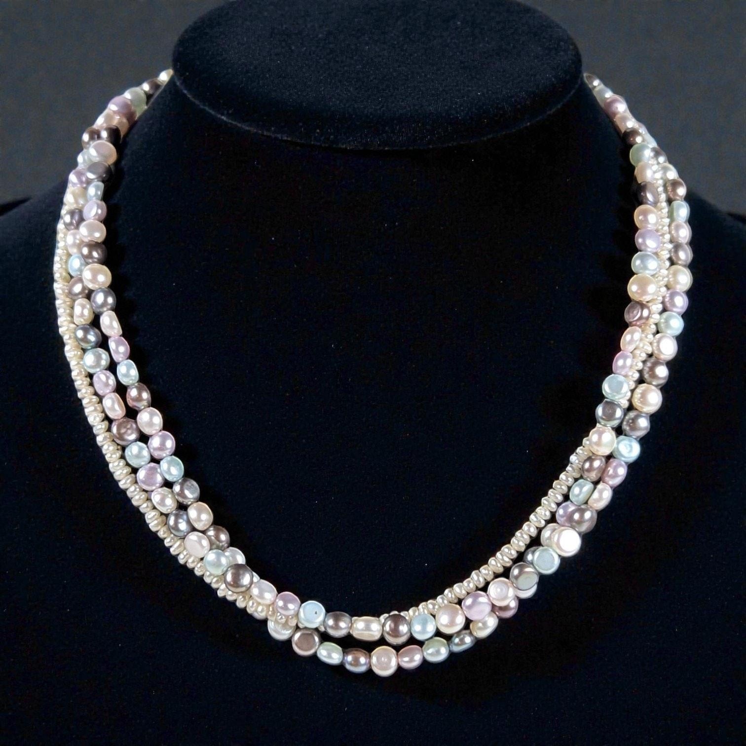 Vintage Three-Strand Pastel Pearl Choker Necklace with Sterling SilverClasp