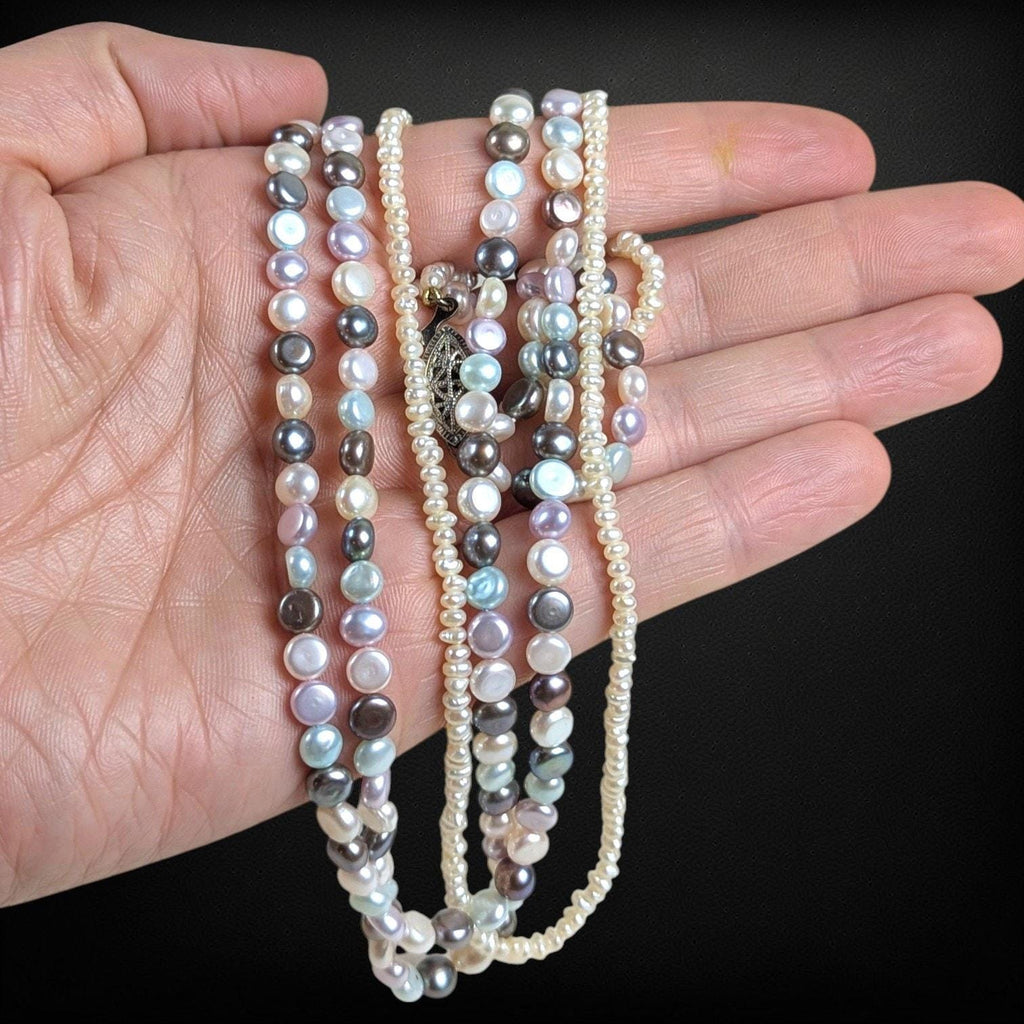 Vintage Three-Strand Pastel Pearl Choker Necklace with Sterling SilverClasp