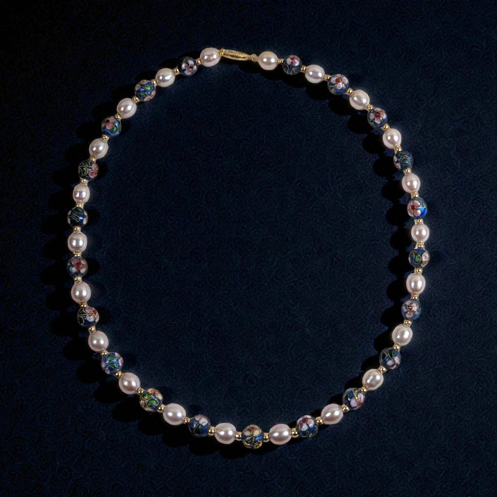 Vintage Estate Cloisonné & Pearl Necklace, 14K Gold Spacers, Marked 585