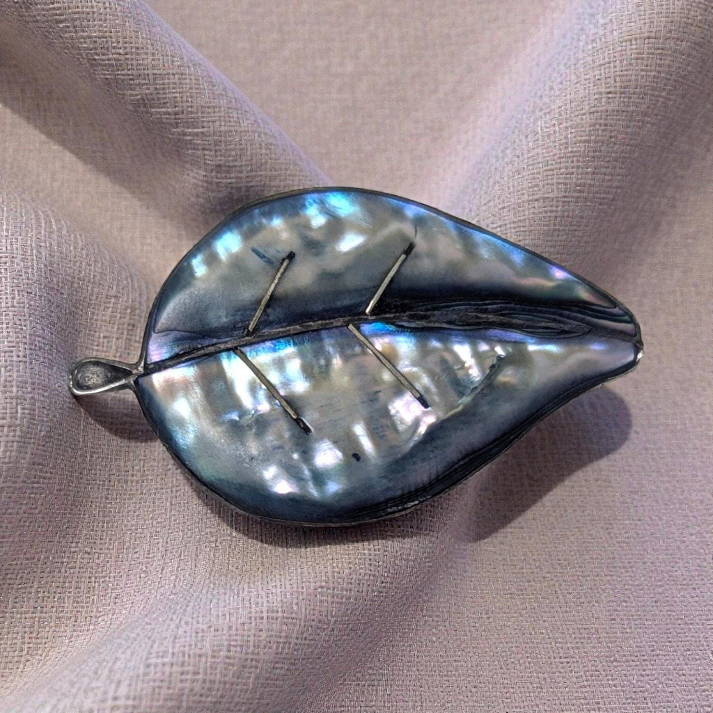 Vintage Mexican Sterling Silver Abalone Leaf Brooch, Hecho en Mexico 925