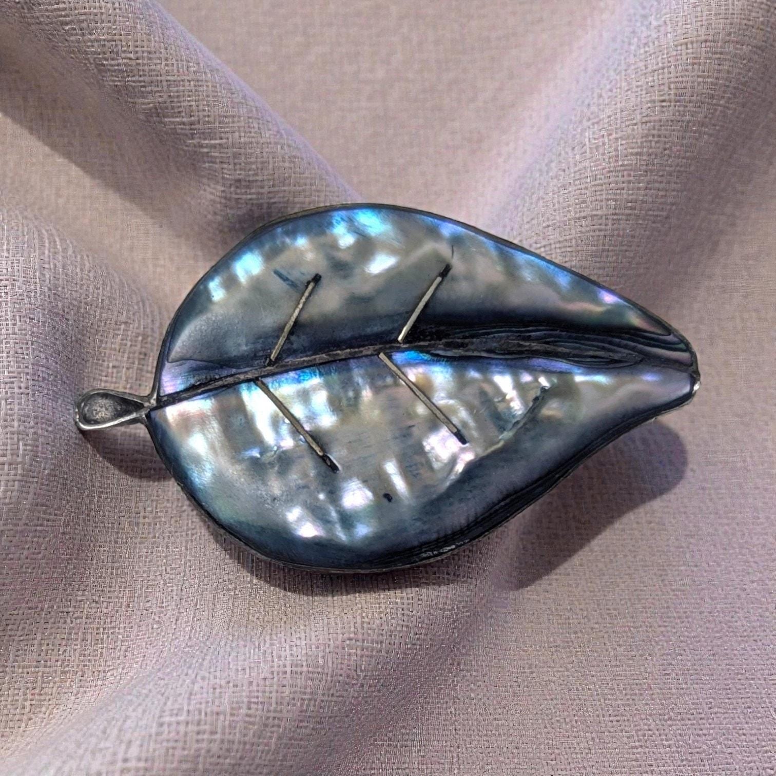 Vintage Mexican Sterling Silver Abalone Leaf Brooch, Hecho en Mexico 925