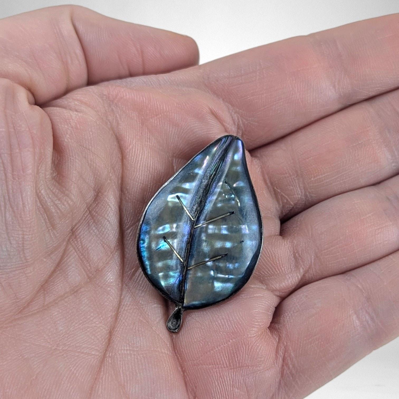 Vintage Mexican Sterling Silver Abalone Leaf Brooch, Hecho en Mexico 925