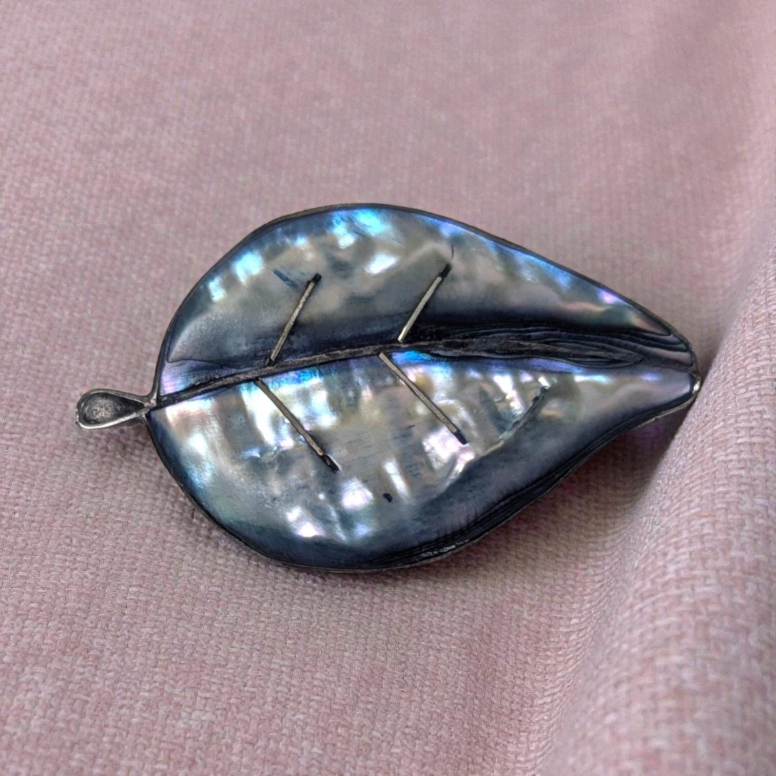 Vintage Mexican Sterling Silver Abalone Leaf Brooch, Hecho en Mexico 925