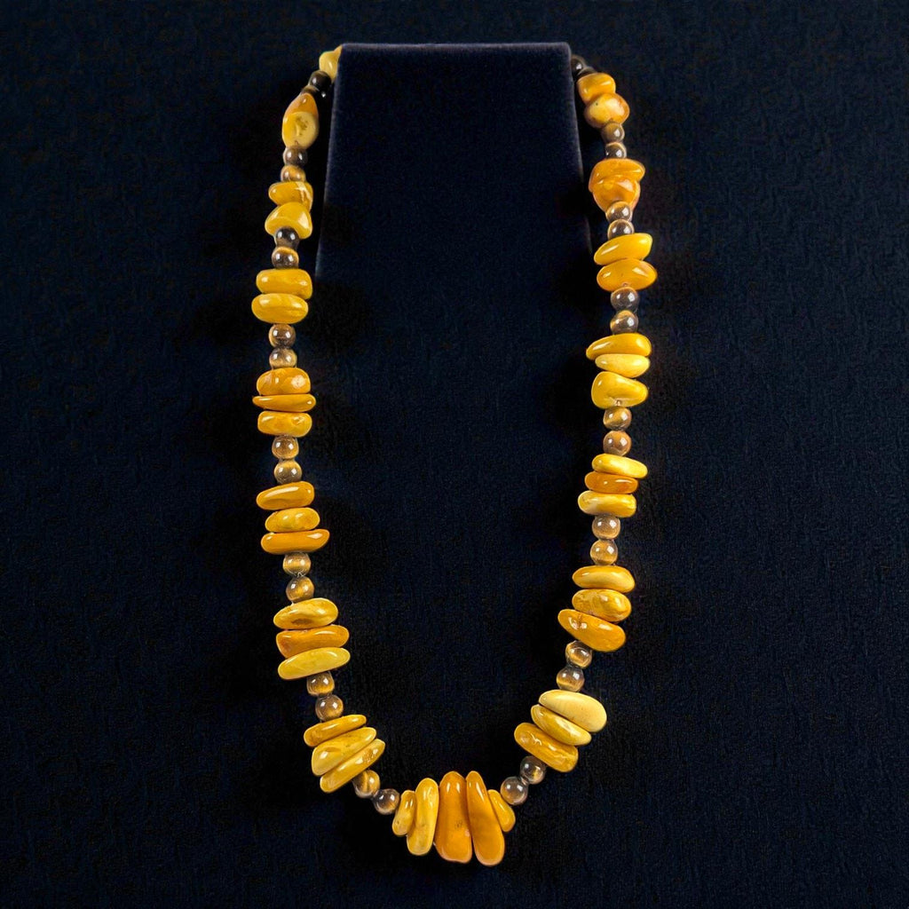 Vintage Butterscotch Amber & Tiger's Eye Necklace, 26 Inch, Gold Filled Clasp