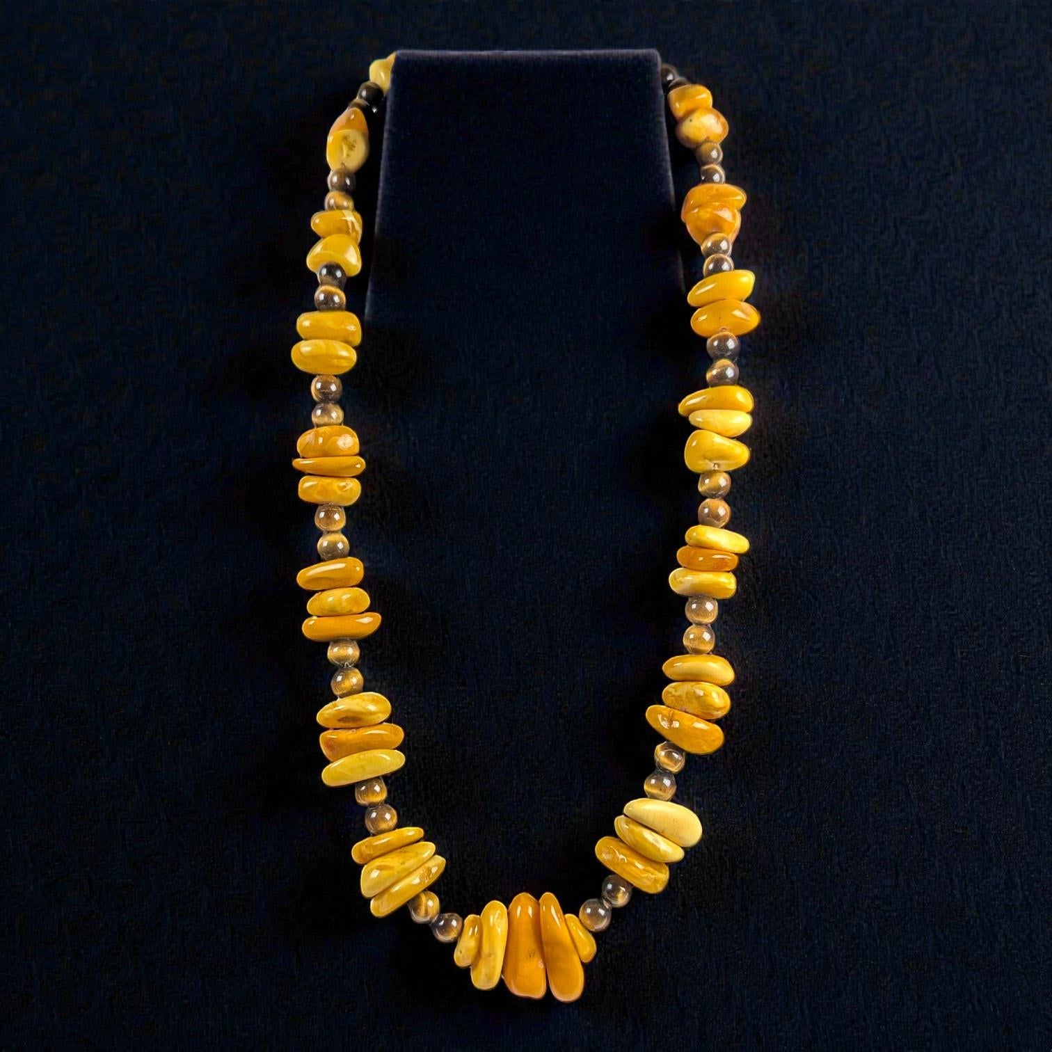 Vintage Butterscotch Amber & Tiger's Eye Necklace, 26 Inch, Gold Filled Clasp