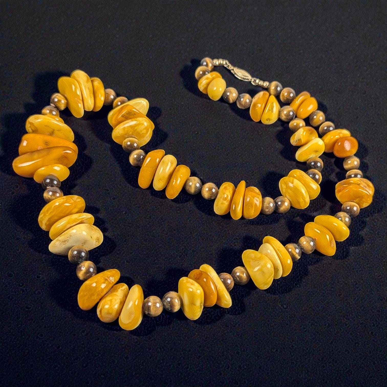 Vintage Butterscotch Amber & Tiger's Eye Necklace, 26 Inch, Gold Filled Clasp