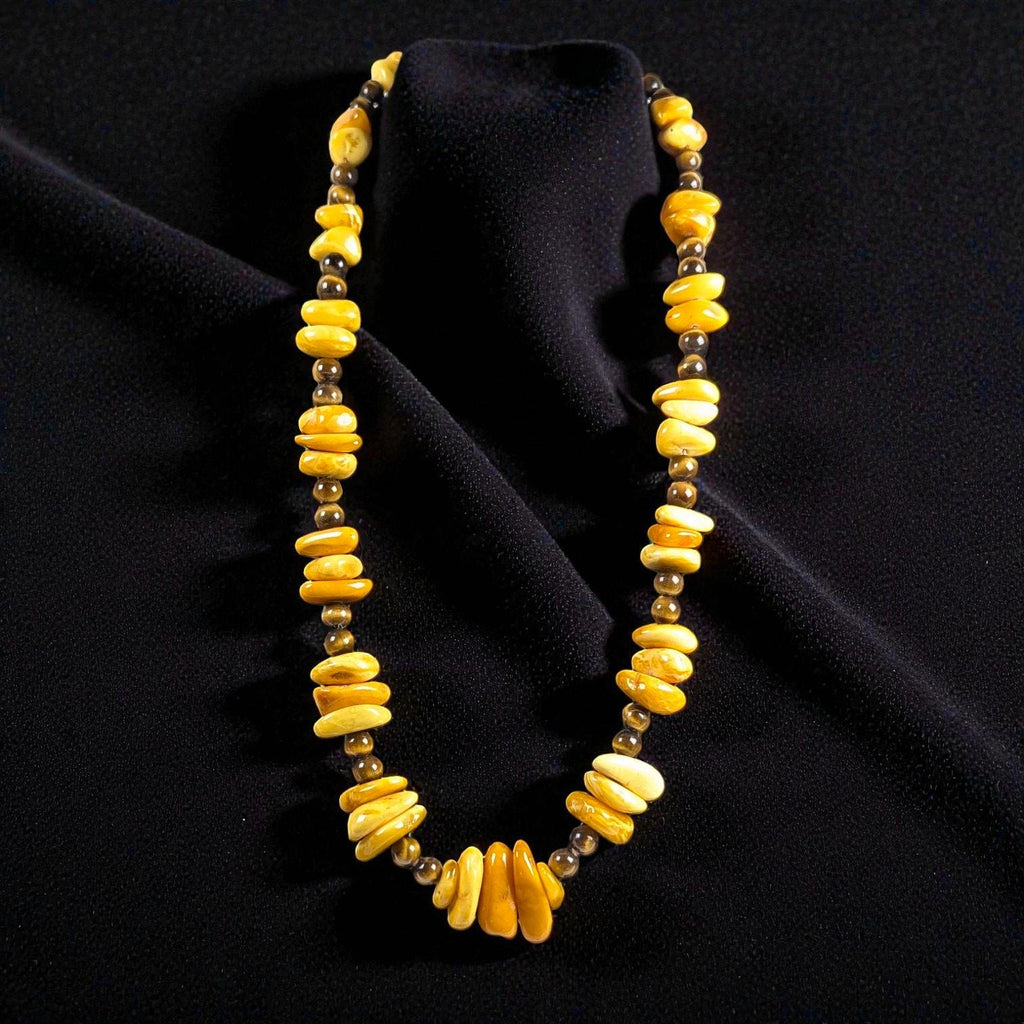 Vintage Butterscotch Amber & Tiger's Eye Necklace, 26 Inch, Gold Filled Clasp