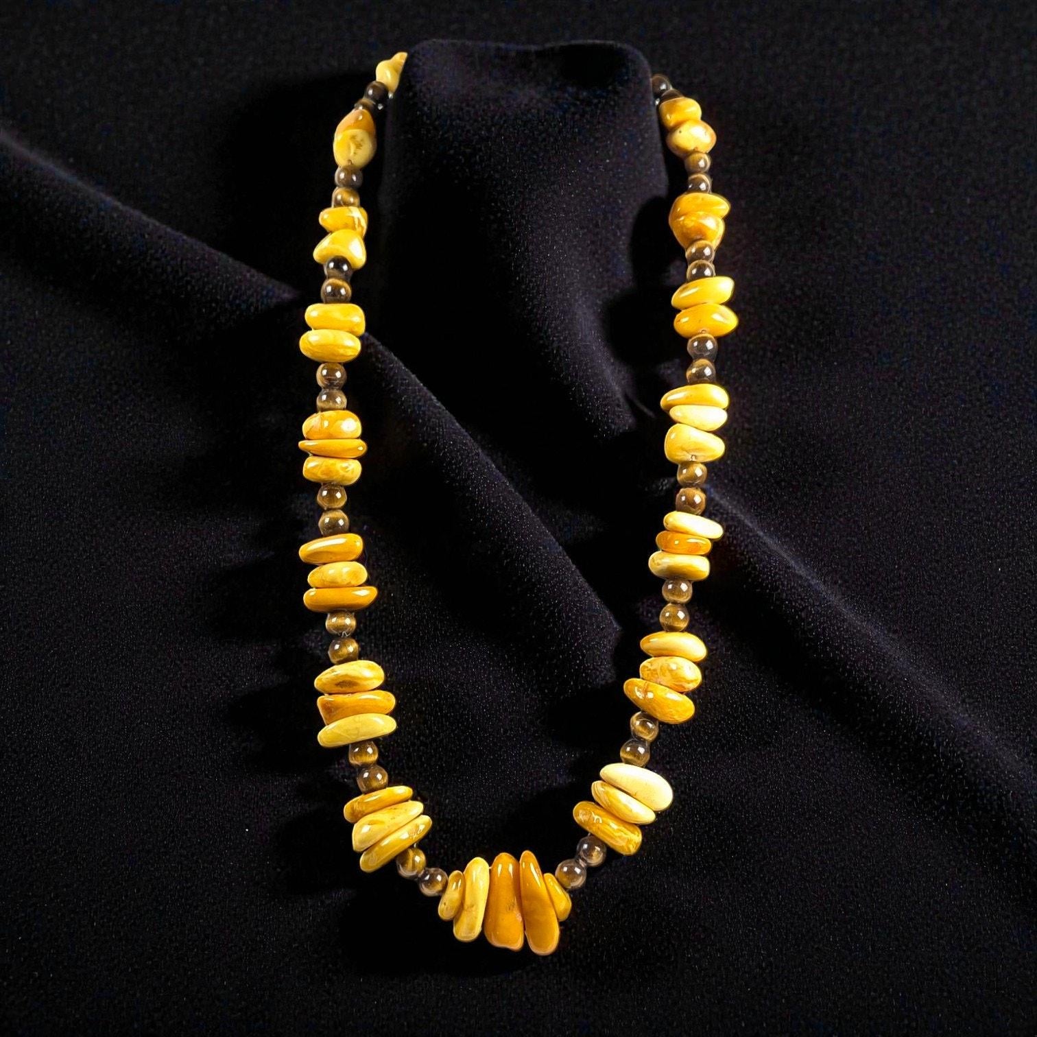 Vintage Butterscotch Amber & Tiger's Eye Necklace, 26 Inch, Gold Filled Clasp