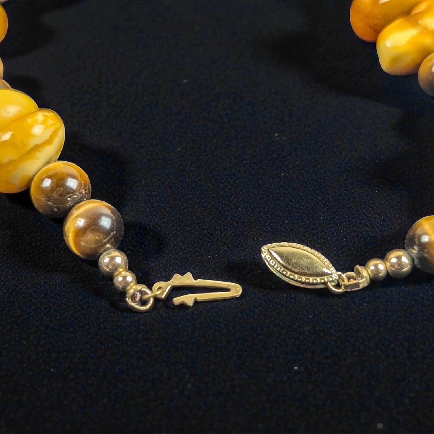 Vintage Butterscotch Amber & Tiger's Eye Necklace, 26 Inch, Gold Filled Clasp