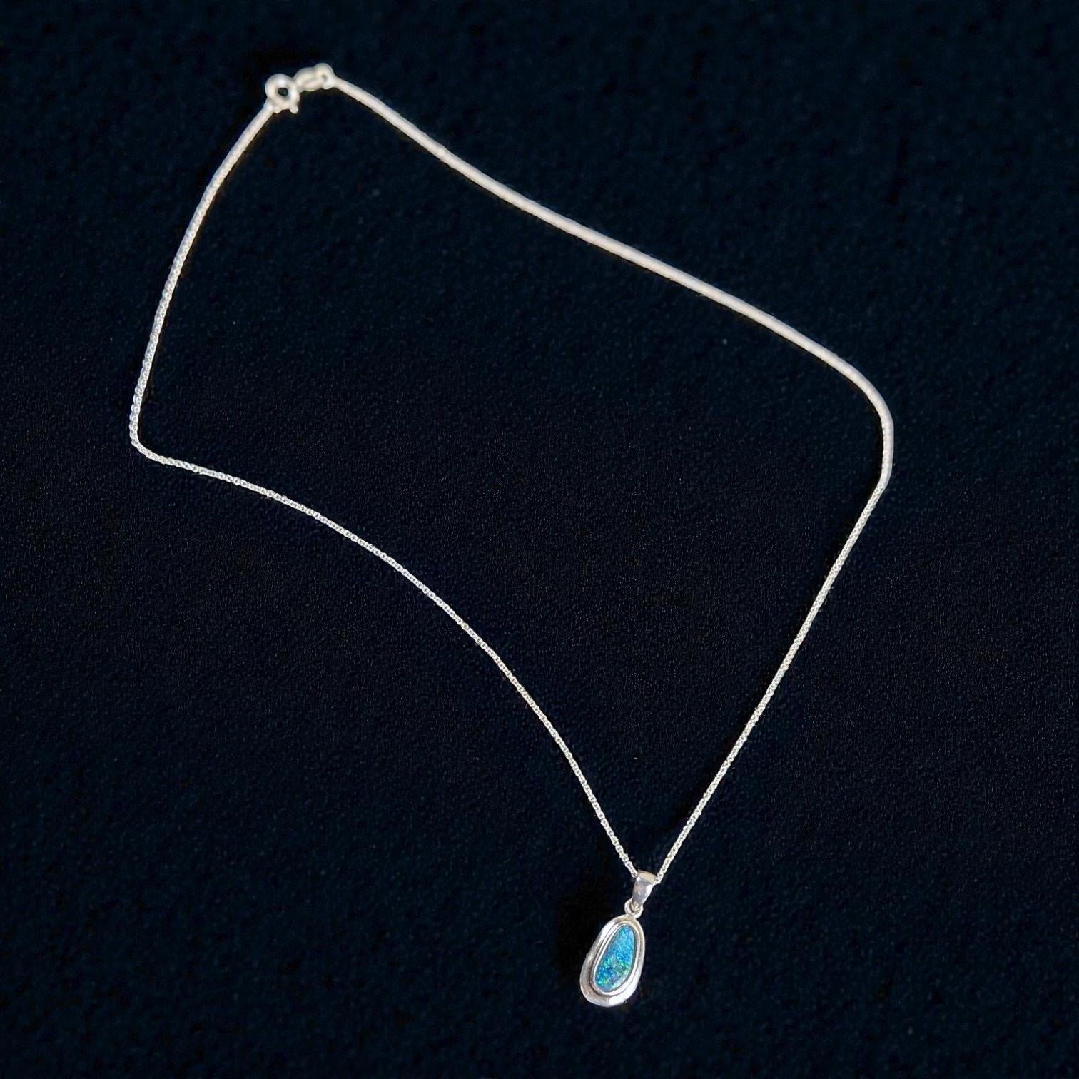 Sterling Silver Opal Doublet Pendant Necklace, Signed, 18 Inch Chain