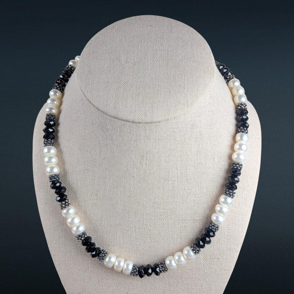Sterling Silver Freshwater Pearl and Faceted Onyx Necklace, 18 Inches