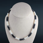 Sterling Silver Freshwater Pearl and Faceted Onyx Necklace, 18 Inches