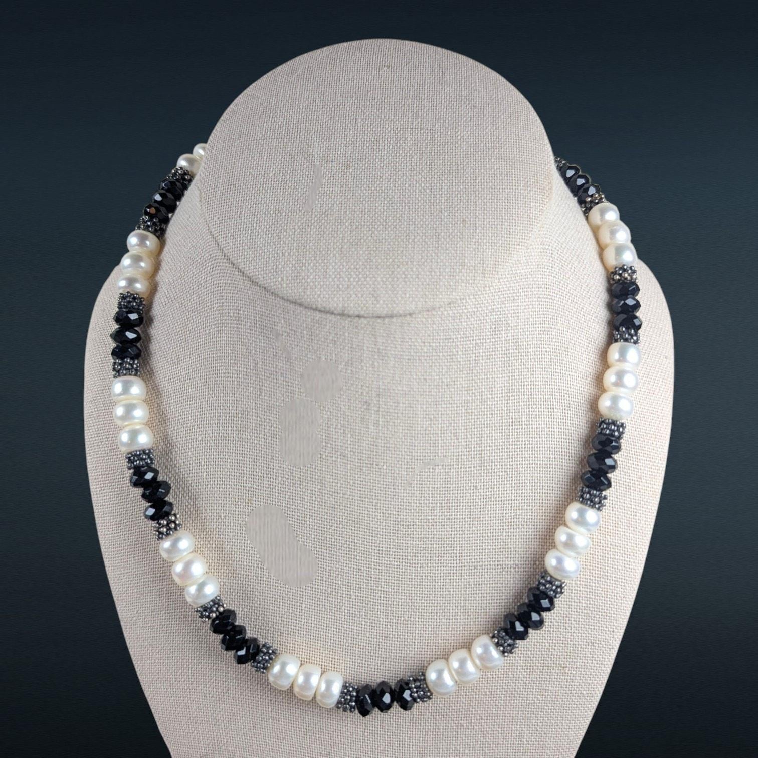 Sterling Silver Freshwater Pearl and Faceted Onyx Necklace, 18 Inches