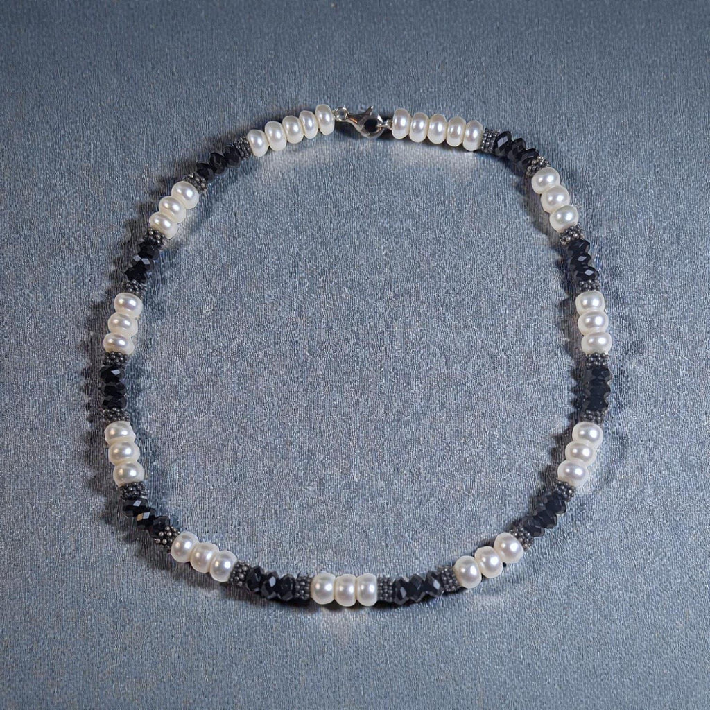 Sterling Silver Freshwater Pearl and Faceted Onyx Necklace, 18 Inches