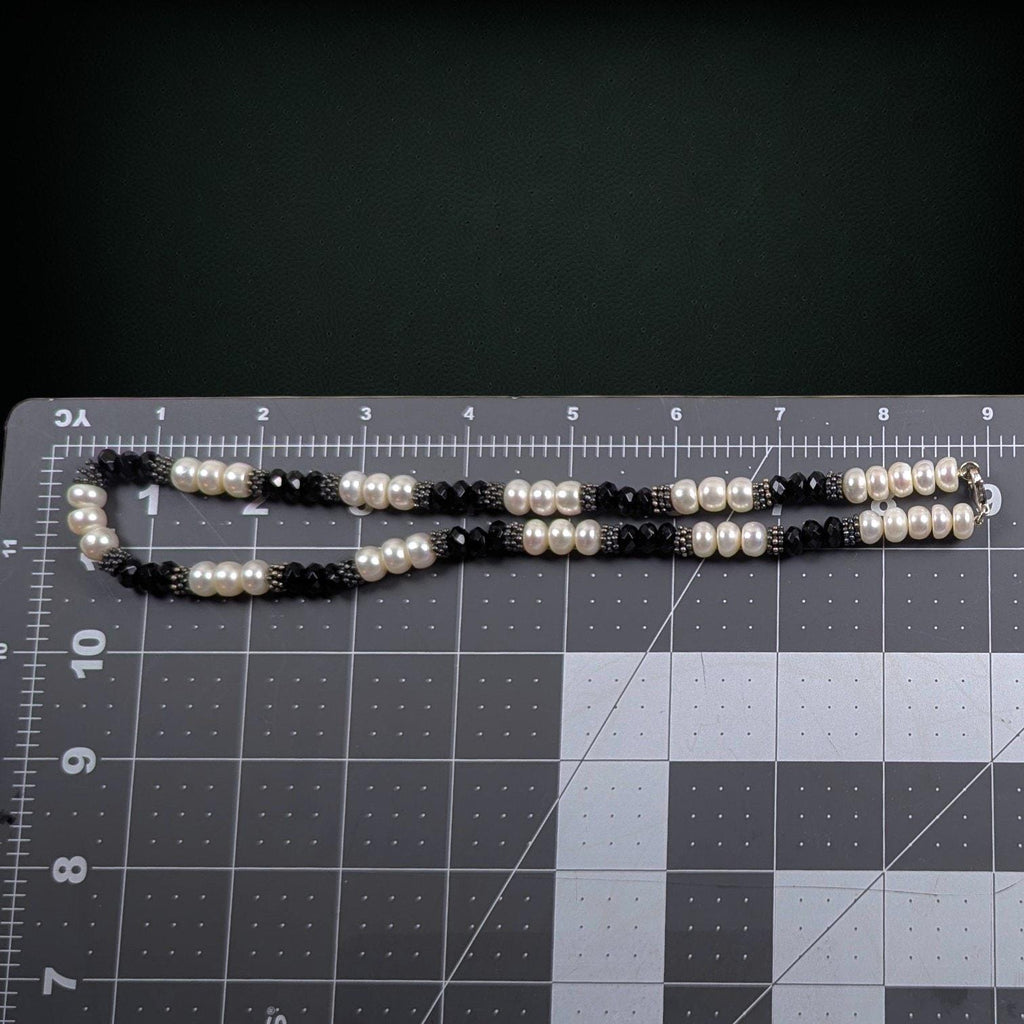 Sterling Silver Freshwater Pearl and Faceted Onyx Necklace, 18 Inches