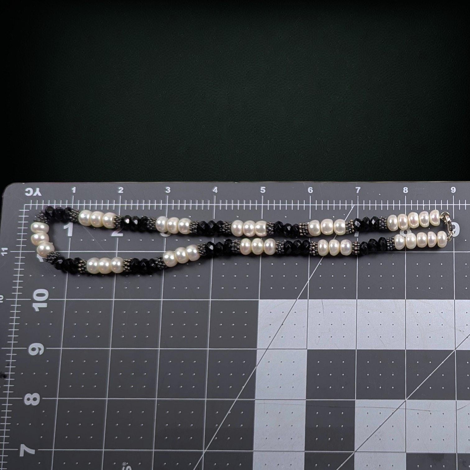 Sterling Silver Freshwater Pearl and Faceted Onyx Necklace, 18 Inches