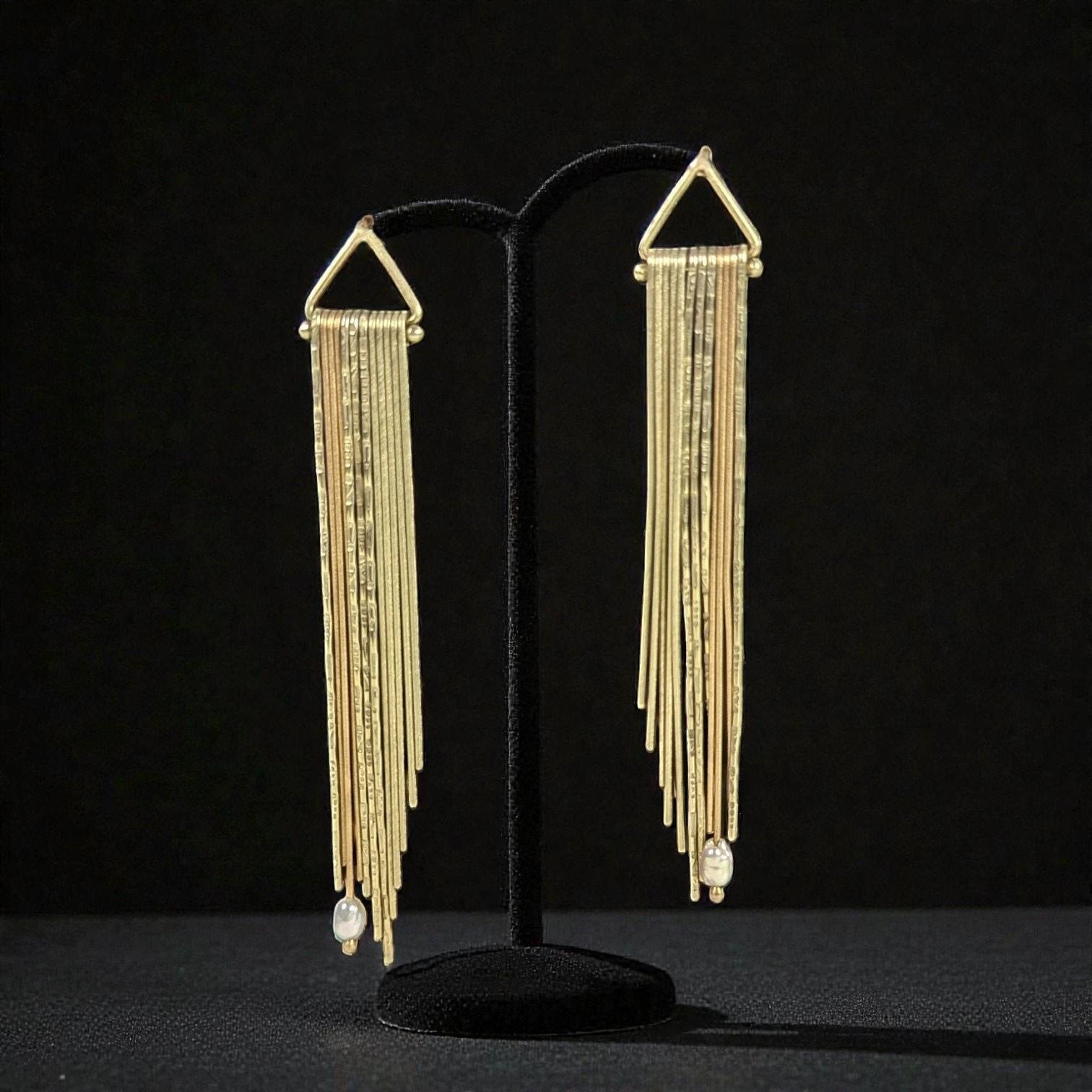 Vintage 14K Gold Fringe Chandelier Earrings Pearl Accents 11.1 Grams