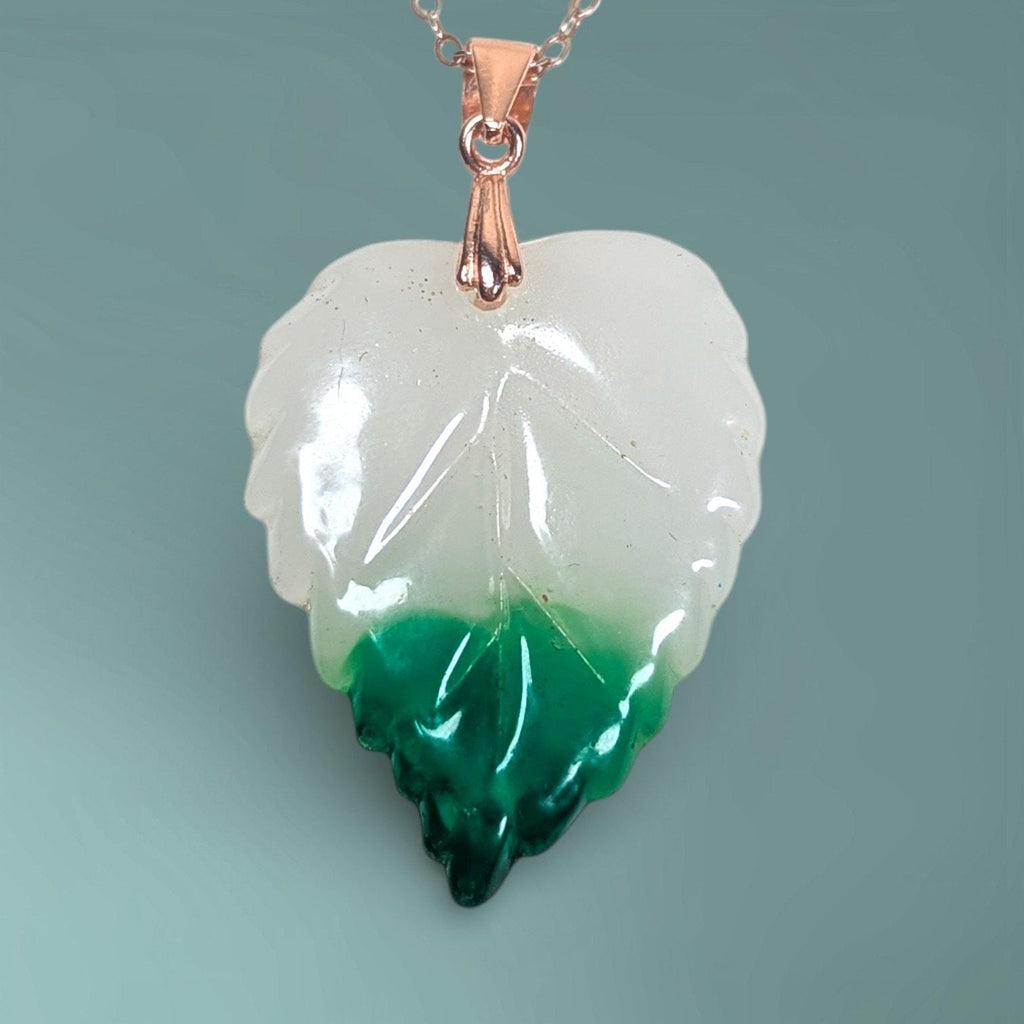 Vintage Peking Glass Leaf Pendant Necklace, Sterling Silver w Rose Gold Vermeil
