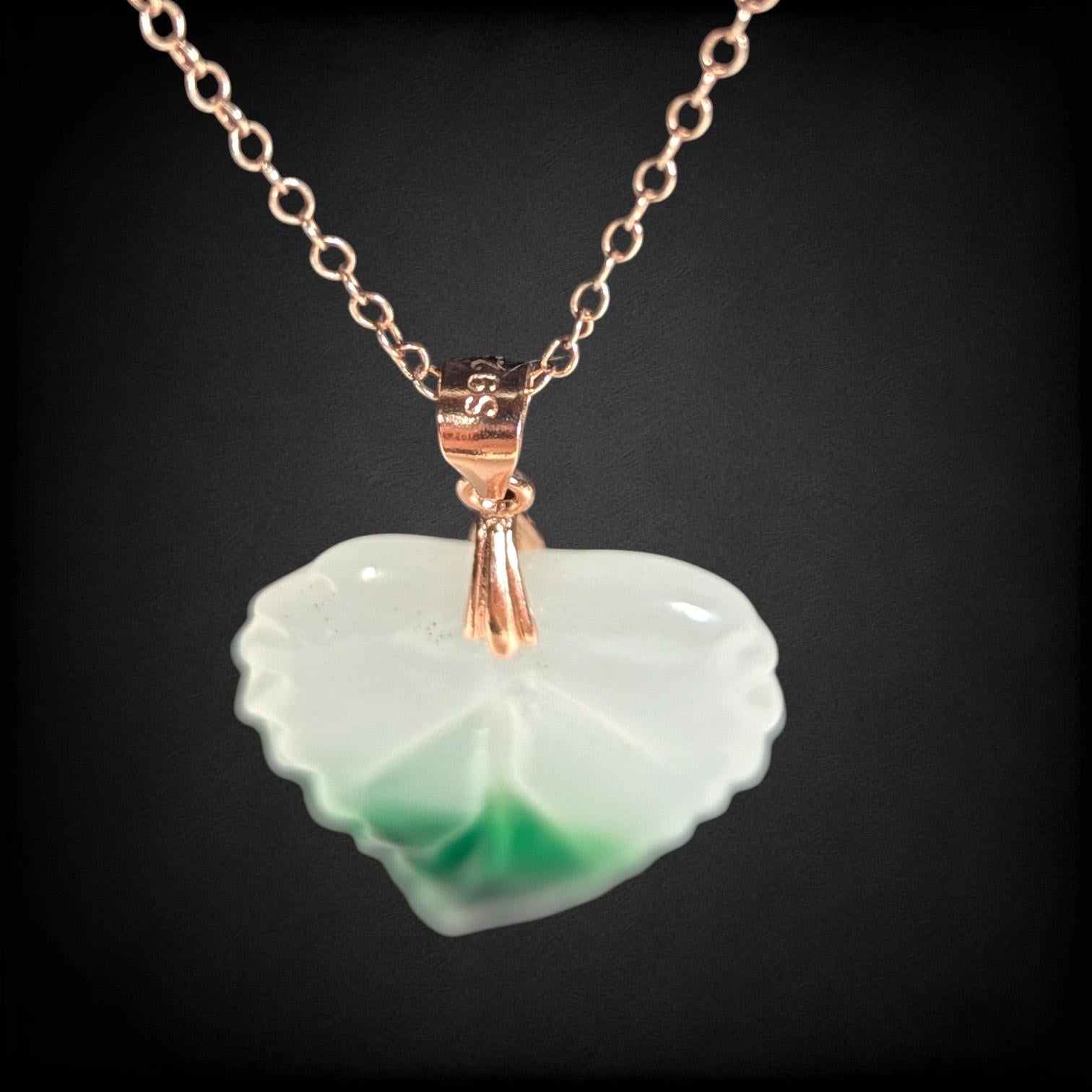 Vintage Peking Glass Leaf Pendant Necklace, Sterling Silver w Rose Gold Vermeil
